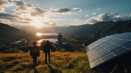 Poster - Rear view, Two engineers are checking solar panels on mountain.
