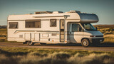 Fototapeta  - Camper van on the beach, Caravan car Vacation.