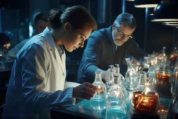 Poster - a group of scientists in a laboratory, engaged in a lively debate about research directions. concept