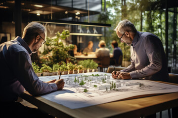 Poster - a team of architects sketching plans for a sustainable and environmentally friendly building. concep