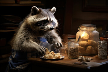 Poster - A chubby raccoon with a cookie jar stuck on its head, caught in the act of late-night snacking. Concept of a masked bandit. Generative Ai.