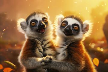 Sticker - A pair of wide-eyed lemurs with tails interlocked, engaged in an amusing dance. Concept of lemur camaraderie. Generative Ai.