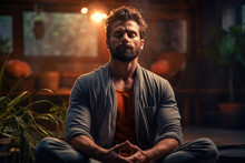 Generative AI Illustration Of Peaceful Muscular Man Meditating And Relaxing In Lotus Pose