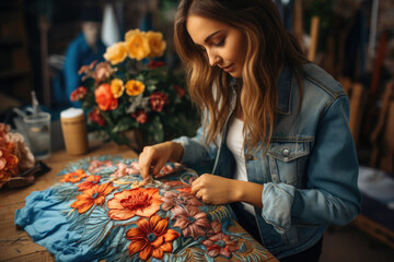 Canvas Print - Person crafting a DIY denim jacket with unique embroidery, part of customized fashion. Generative Ai.