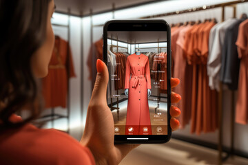Poster - An augmented reality fitting room app that lets users virtually try on clothing and accessories before making an online purchase. Concept of AR fitting rooms. Generative Ai.