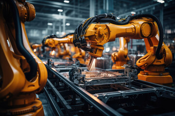 Poster - A high-tech manufacturing facility with robotic arms assembling products, showcasing automation in industry. Generative Ai.