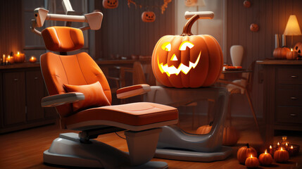 Sticker - A dentist chair with a pumpkin carved into it, AI