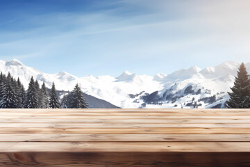 Wall Mural - Blurred winter scene of snowy mountains and trees with a wooden terrace for product display