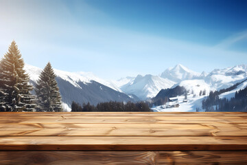 Wall Mural - Empty wooden deck table in front of a chilly landscape; copy space