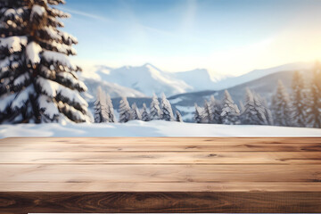 Wall Mural - Winter wooden board with copy space for advertisement with snowy trees