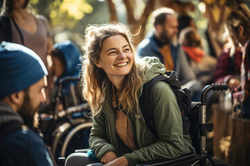 Wall Mural - A group of friends volunteering to assist individuals with disabilities during outdoor adventures. Concept of volunteerism and support. Generative Ai.