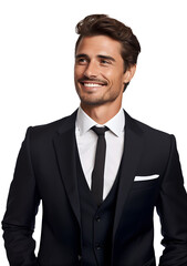 Portrait of handsome caucasian man in formal suit looking at ahead smiling with smile isolated