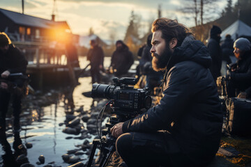 Wall Mural - a documentary film crew capturing real-life stories, highlighting the power of non-fiction storytell