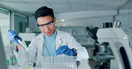 Aufkleber - Scientist man, chemistry and liquid in test tube, science experiment and medical research in laboratory. Asian doctor, chemical in glass container with dropper, investigation for pharmaceutical study