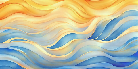 Wall Mural - Abstract wave autumn wavy texture background, gold warm tones watercolor. Warm golden yellow, orang, blue colors ocean wave backdrop. Thanksgiving, Halloween mobile wavy water, ripples illustration