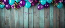 Antique Teal Blue Wooden Background With Rustic Welcome Sign And Hanging Purple Balloon Flowers