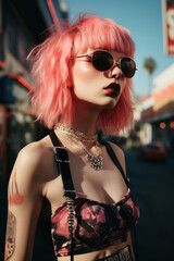 young and stylish teenager female with trendy pink hair at sunset, woman in California or Florida, Miami style, modern youth