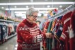 senior woman choosing christmas ugly sweater in a mall or supermarket. Happy old lady shopping christmas gifts. Smiling grandma buying presents to her family
