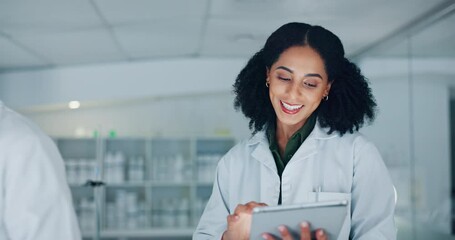 Poster - Scientist, teamwork and tablet for laboratory advice, medical research and funny discussion or night planning. Doctors, science people and mentor laughing on digital tech with healthcare conversation