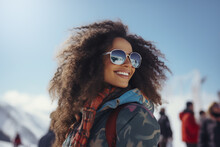 Generative AI Portrait Of Happy African American Woman In Warm Clothes And Sunglasses Looking Away While Standing Against Snowy Mountains In Winter