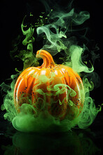 Generative AI Image Of Pumpkin Among Green Smoke In Against Dark Background In Halloween Celebration