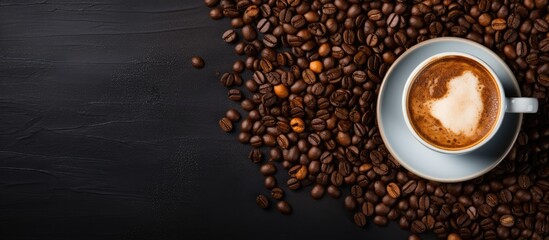 Poster - Black coffee with milk foam in white cup coffee beans in burlap bag on dark table