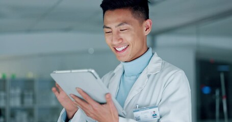 Aufkleber - Scientist, man and data analysis, tablet and investigation for medical research in laboratory. Asian doctor, assessment or review of science with future, biotechnology and study digital results