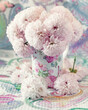 Beautiful bouquet of a pink fresh chrysanthemums. Pastel tonality. Soft focus.
