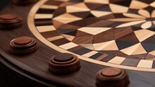 Detailed Image Showcasing The Intricate Inlay Work Being Done On A Custommade Wooden Chessboard, With Carefully Contrasting Wood Pieces Forming Geometric Patterns.