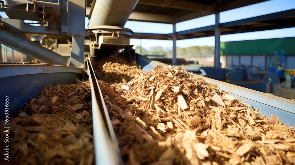 Closeup on a conveyor belt transporting raw biomass into the plant. The ...