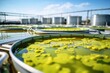 An enormous tank filled with algae cultivation beds, meticulously maintained by workers, highlighting the sites commitment to sustainable algaebased carbon capture and biofuel production.