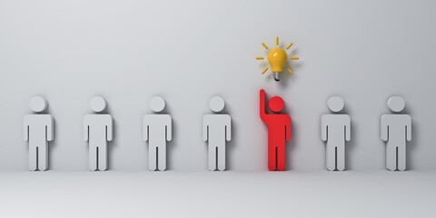 Fototapete - Stand out from the crowd and different concepts One red man raising his hand with yellow idea bulb amongs other white people on white grey wall background with shadows 3D rendering