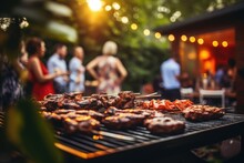Various Meats And Vegetables Getting Grilled On A Backyard Grill During A Barbeque Party