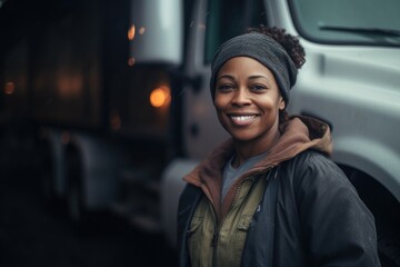 Wall Mural - Smiling portrait of a african american female trucker working for a trucking company