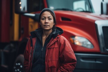 Wall Mural - Smiling portrait of a african american female trucker working for a trucking company