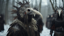 Nightmare Creature With Bird Or Vulture Skull Head, Feathers And Hood In A Winter Landscape With Other Terrifying Beings. Bulgarian Kukeri Festival.