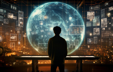 The silhouette of a person looking at the hologram of a global world sphere and futuristic screens with applications with artificial intelligence to work on the future of digital technology