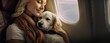 Woman with dog during the flight on the jet plane.