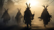 Silhouettes of several demons from the Bulgarian folk tradition 'kukeri,' dressed in goat-headed masks with horns, dancing in a magical ritual to ward off the spirits of winter