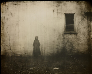 An old sepia toned photograph of the apparition of a little girl silhouetted on a white wall with a window. A spooky scene of a real ghost with scratches and dirt