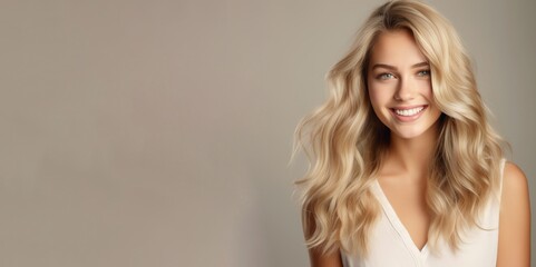 Wall Mural - Beautiful smiling young blonde caucasian woman, isolated on neutral background. Close up portrait of face. Generative AI. 
