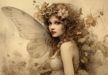 A Victorian-style Illustration Of A Fairy, A Beautiful Young Woman With Wings And Floral Ornaments, Isolated On A Vintage Old Paper Background. A Charming And Whimsical Image For Fantasy Fairy Tale