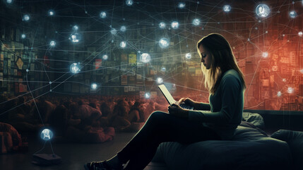 A digital illustration of a girl sitting in profile with a laptop, depicting social media and online net connection with others. A creative and colorful image of communication and technology.