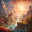 Fantasy landscape with a waterfall in the autumn forest. Digital painting. 