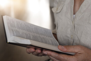 Midsection of a woman reading a bible