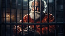 A Poignant Image Of Santa Claus Behind Bars, Evoking A Sense Of Loss And Highlighting The Inability To Spread Holiday Cheer And Gifts This Christmas. Generative AI.