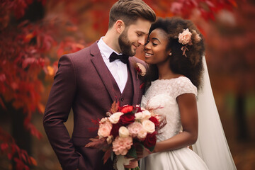 Multiracial bride and groom, wedding at fall, outdoor portrait