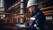 © sawitreelyaon - Technician in a hard hat working to checklist petroleum gas pipes for transportation in station petroleum oil.