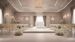 3d render of interior of a wedding hall decorated with white flowers 