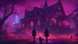 Halloween background with witch and dog in front of a haunted house 